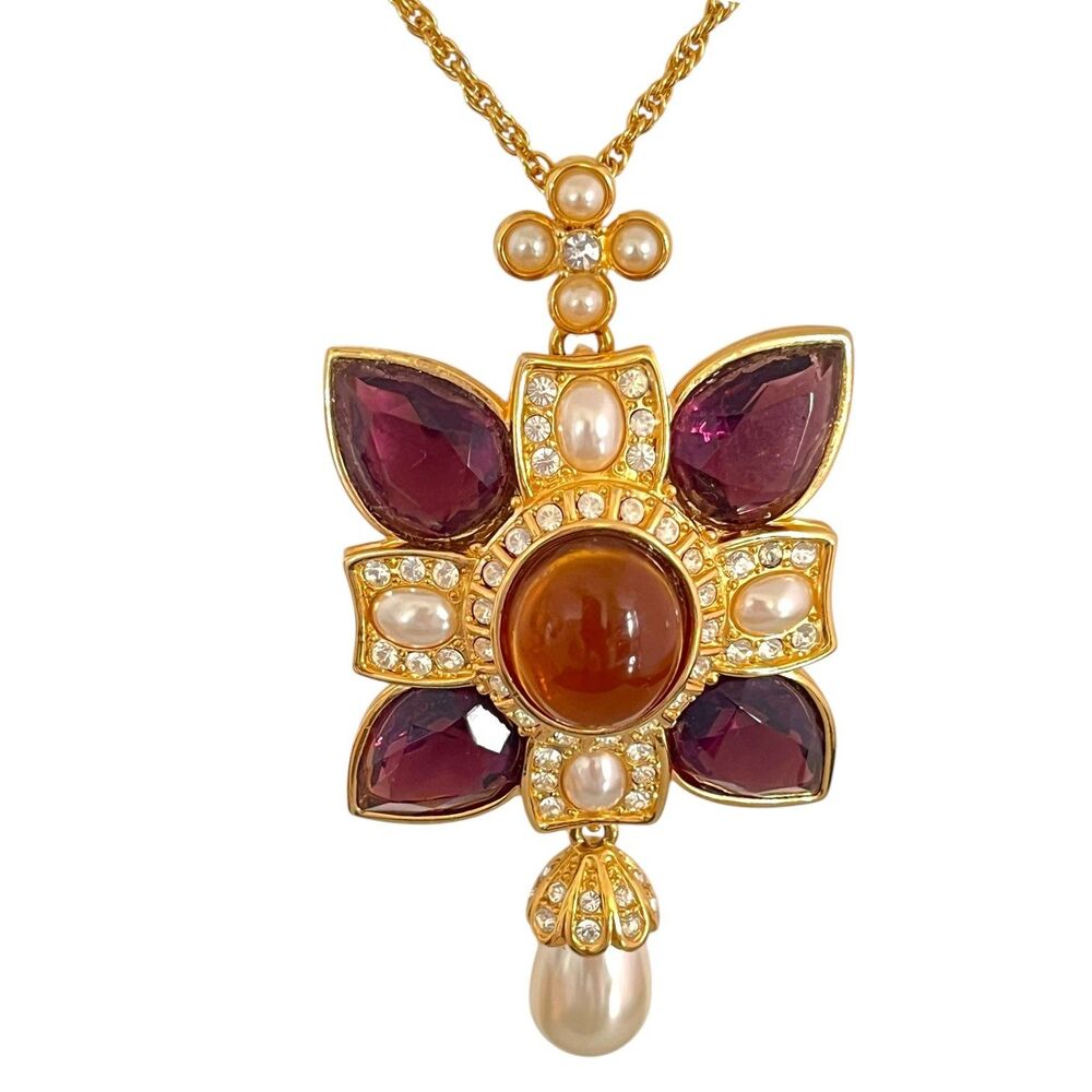 Vintage 1990s Joan Rivers Necklace Convertible Pendant Brooch Faux Pearl - 3N